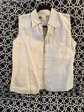 Stephanie Rogers Light Beige Sleeveless Button-Down Top with Embroidery